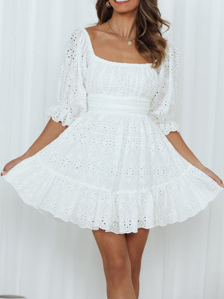 Floral Cotton Lace Up Hollow Out Summer White Dress