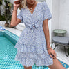 Blue Printed Puff Sleeve Knotted V-neck Ladies Dress