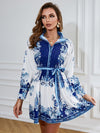 Blue Flower Print Ruffle Long Sleeve V-Neck A-Line Belt Dress