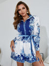 Blue Flower Print Ruffle Long Sleeve V-Neck A-Line Belt Dress