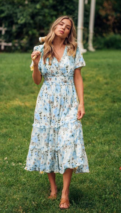 Puff Sleeves Floral A-Line Elastic Beach Dress Solo Drop Demo Puff Sleeves Floral A-Line Elastic Beach Dress Solo Drop Demo