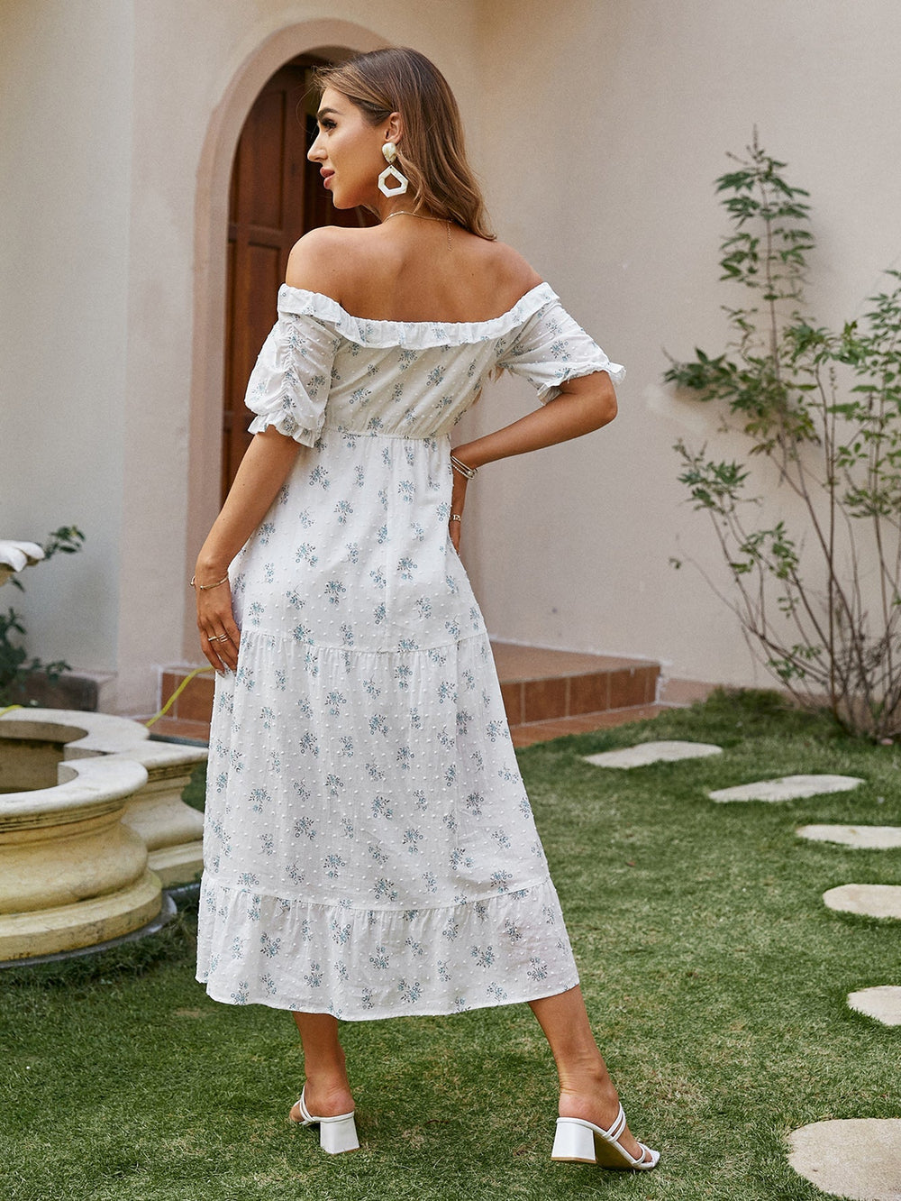 Embroidered Off Shoulder White Pleated Maxi Dress