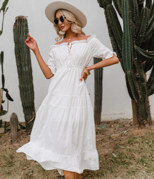 Embroidered Off Shoulder White Pleated Maxi Dress