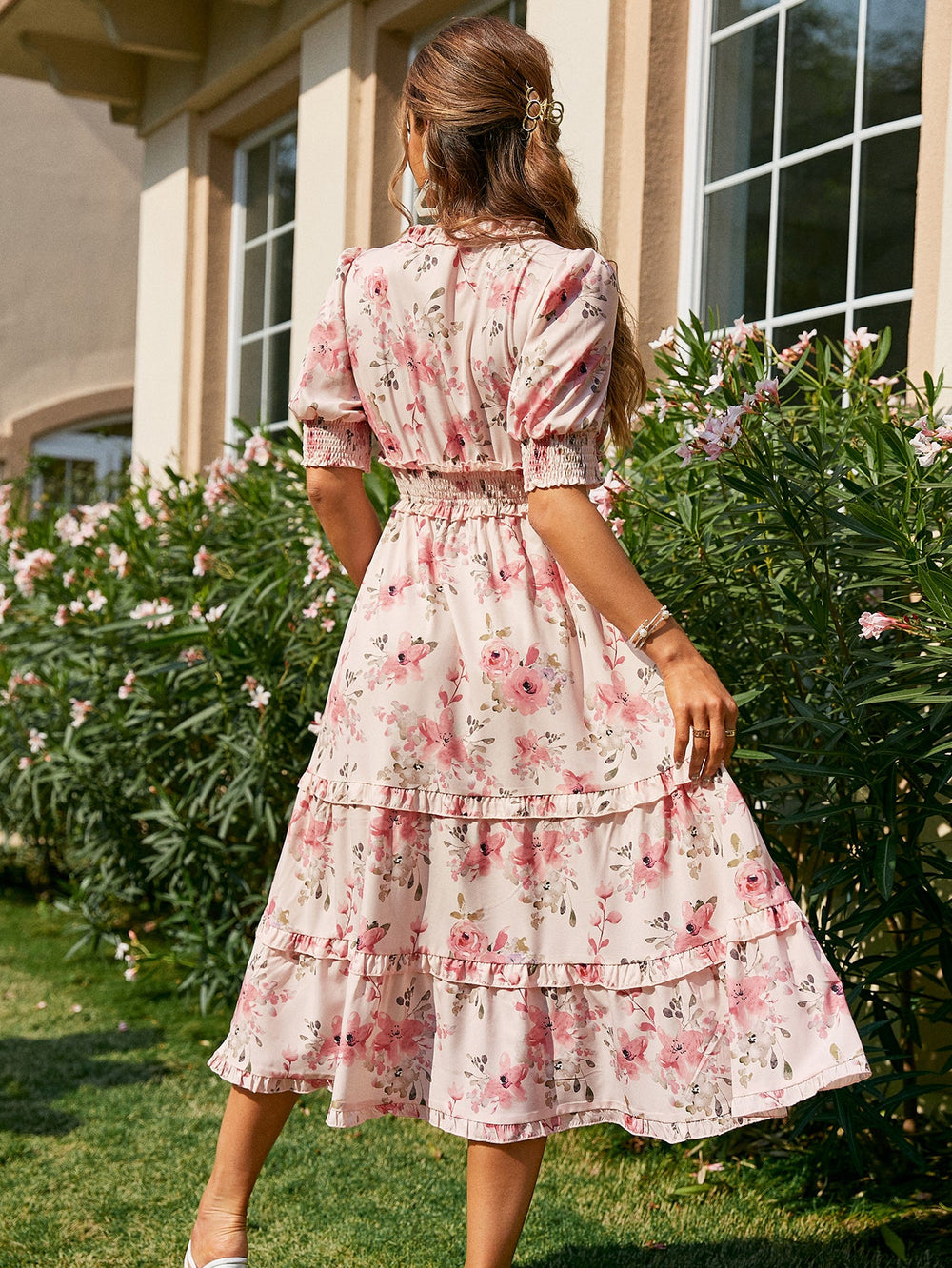 Puff Sleeves Floral A-Line Elastic Beach Dress Solo Drop Demo Puff Sleeves Floral A-Line Elastic Beach Dress Solo Drop Demo